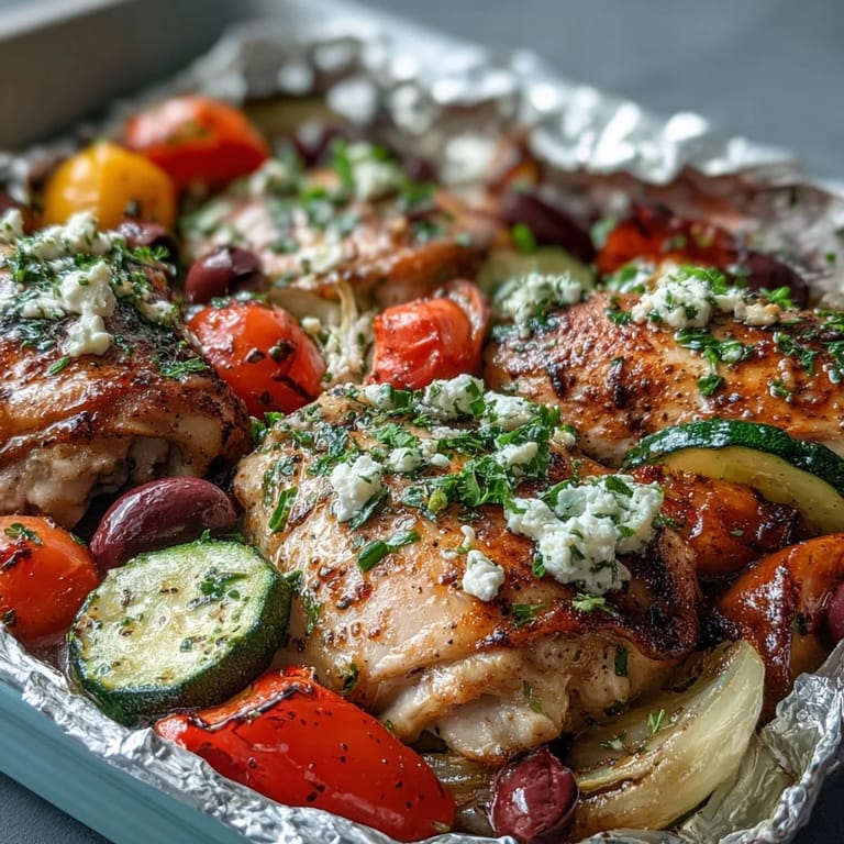 Flavorful Greek chicken and vegetable foil packets with olives, feta, and bright lemon, perfect for grilling or oven baking.