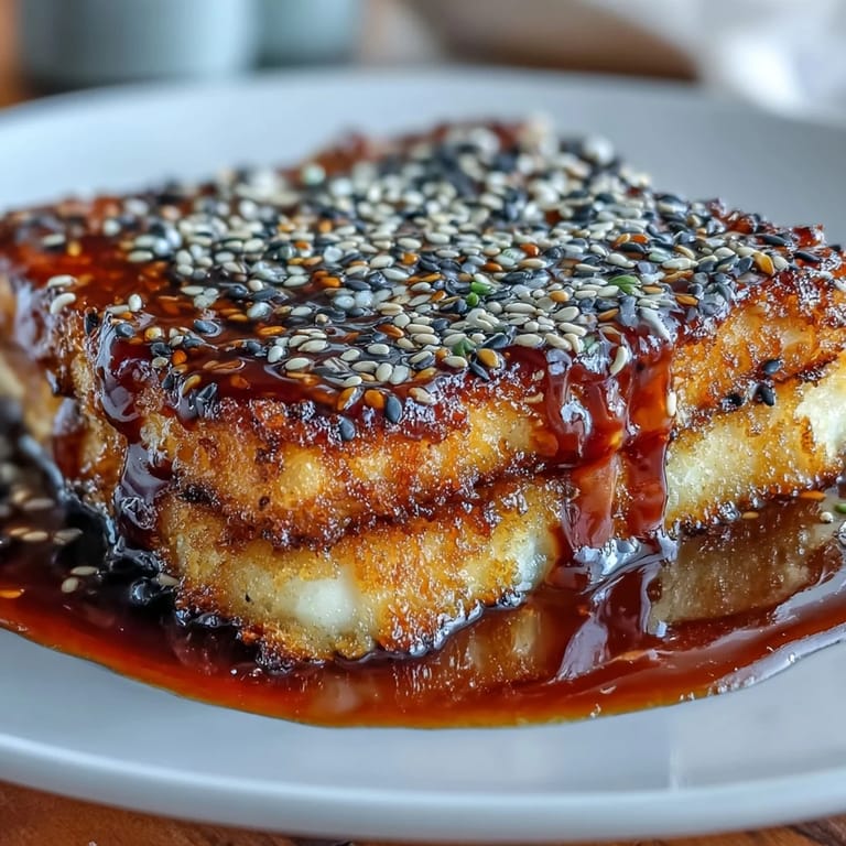 Golden pan-seared tofu slabs coated in crunchy black and white sesame seeds, topped with homemade teriyaki sauce and served with steamed rice.