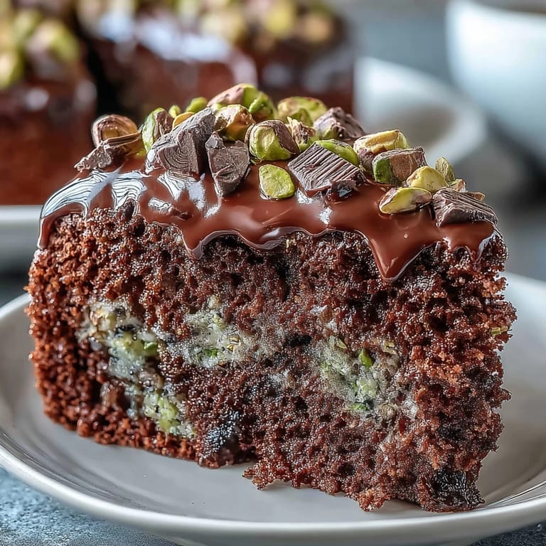 Moist, fudgy chocolate cake studded with crunchy pistachios and dark chocolate, baked in a square pan and perfect for easy snacking or dessert.