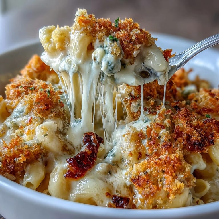 Creamy baked mac and cheese featuring sharp cheddar, Gouda, mozzarella, and blue cheese in every forkful.  