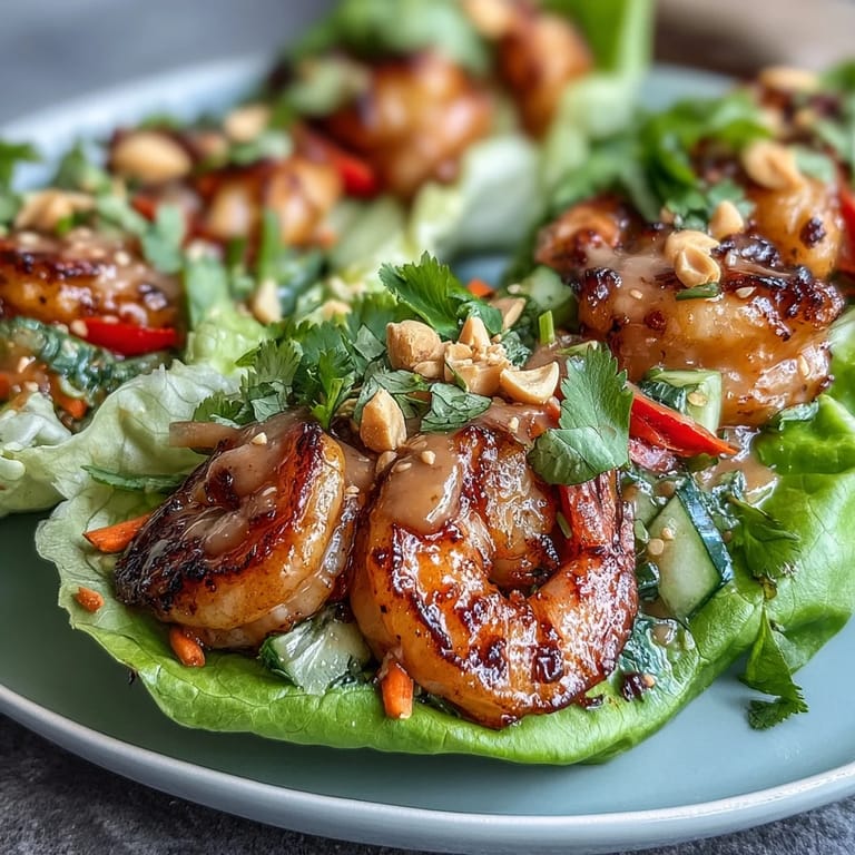 Vibrant shrimp lettuce wraps topped with crunchy vegetables, creamy peanut sauce, and fresh lime for an easy Asian-inspired dish.  