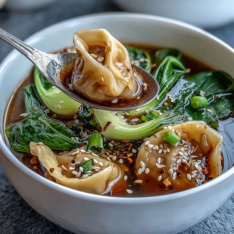 Fragrant Asian dumpling soup with bok choy and ginger, featuring juicy dumplings, crisp vegetables, and a light, warming broth perfect for chilly evenings.