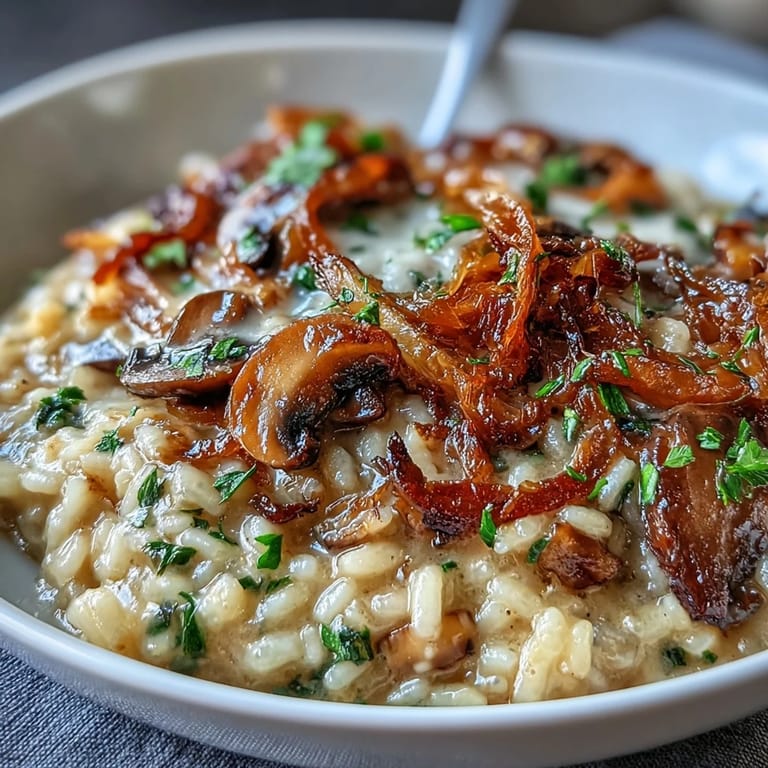 Savory mushroom and onion risotto, creamy and comforting, garnished with Parmesan and chopped parsley.