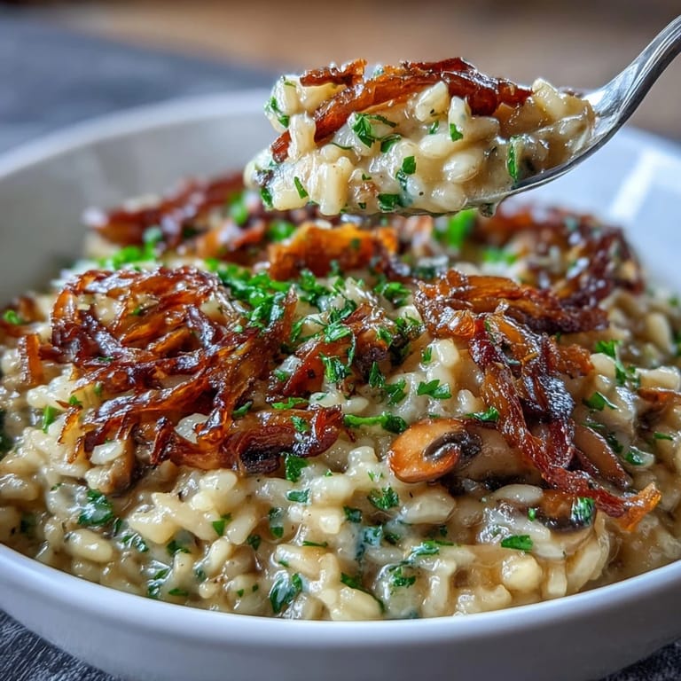 Golden caramelized onions and sautéed mushrooms blend into a rich, buttery risotto with a hint of white wine.  