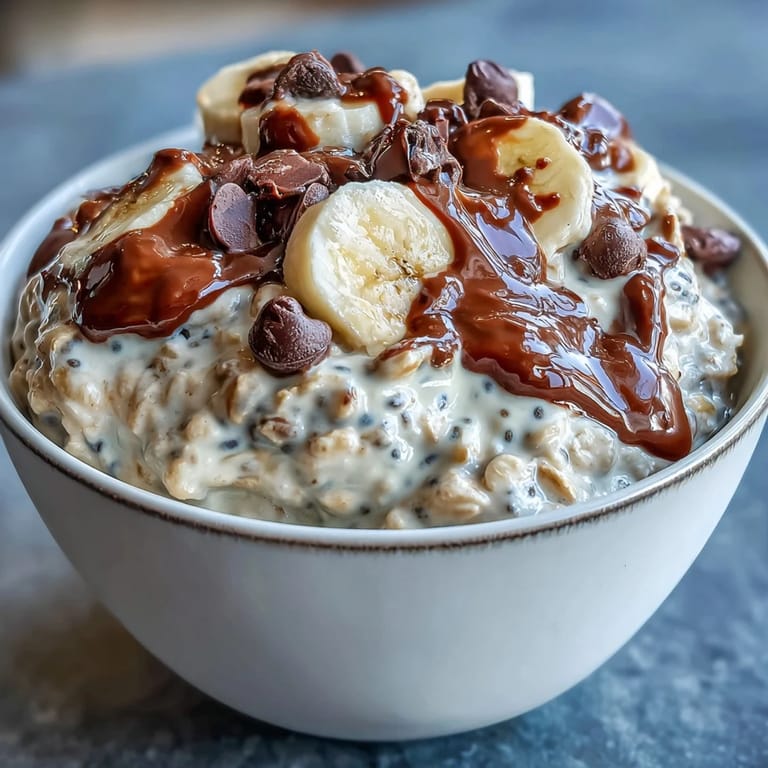 Overnight oats topped with fresh banana and rich dark chocolate, a no-cook morning treat.