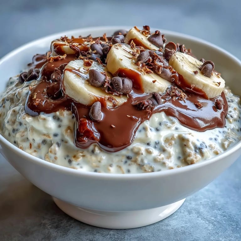 No-cook overnight oats featuring banana, dark chocolate, and crunchy nuts for a satisfying breakfast.