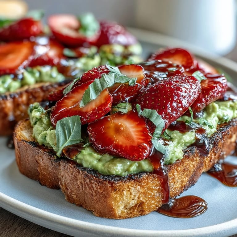 3. Celebrate Galentine's brunch with this vibrant avocado toast, layered with ripe strawberries, zesty balsamic glaze, and fresh basil for a sweet and savory bite.