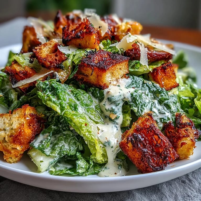 Golden sourdough croutons top this classic Caesar salad, featuring creamy dressing and fresh romaine for a satisfying bite.