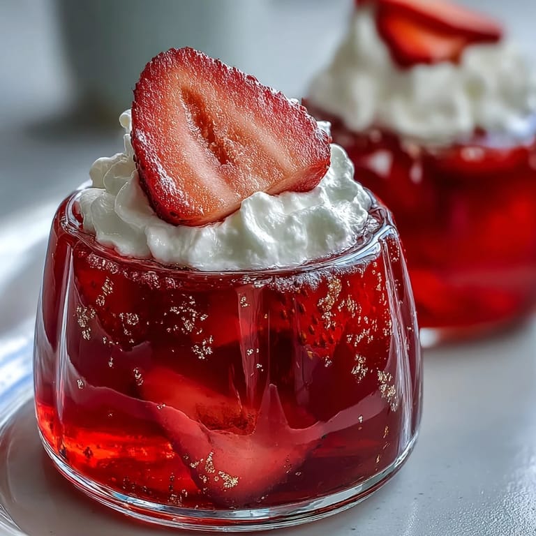 Elegant strawberry and champagne gelatin dessert in shot cups, garnished with fresh strawberry slices and a dollop of whipped cream.