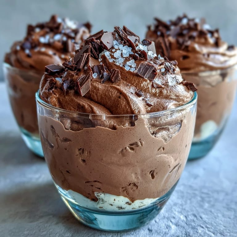 Creamy high-protein Greek yogurt mousse with rich cocoa and a hint of sea salt, served in elegant glasses.  