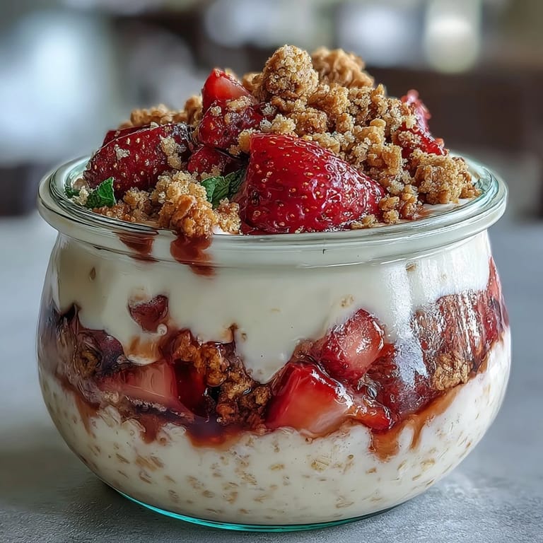 Creamy strawberry cheesecake overnight oats topped with buttery graham cracker crumble and diced strawberries for a decadent breakfast treat.