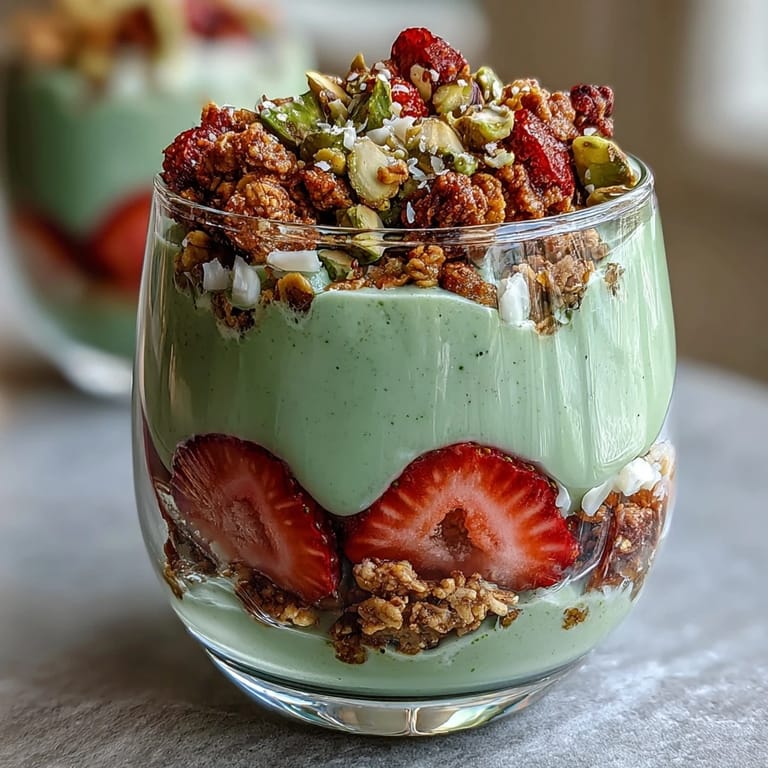 Creamy matcha-infused Greek yogurt paired with juicy strawberries and granola, topped with nuts and coconut for a refreshing parfait.