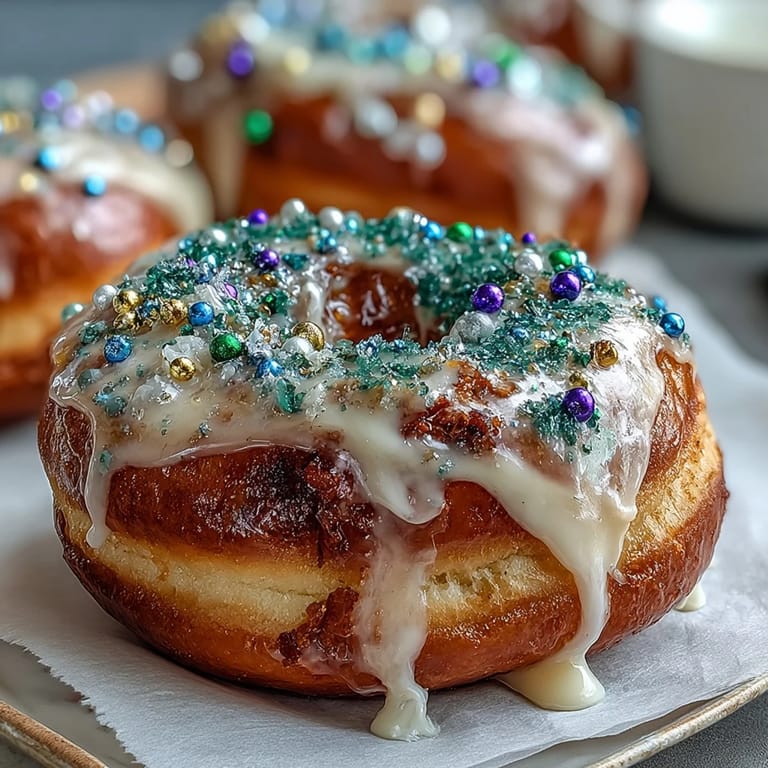 Soft baked King Cake donuts with lemon zest, vanilla glaze, and colorful green, purple, and gold sanding sugar for a festive dessert.  