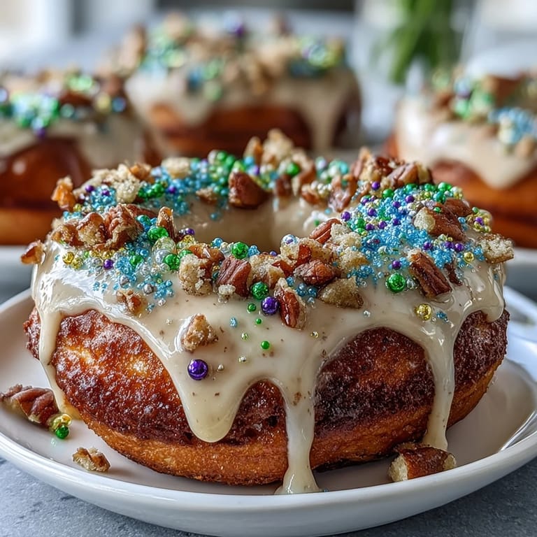 Delicious King Cake donuts inspired by New Orleans tradition, featuring a tender crumb and vibrant Mardi Gras sprinkle topping.