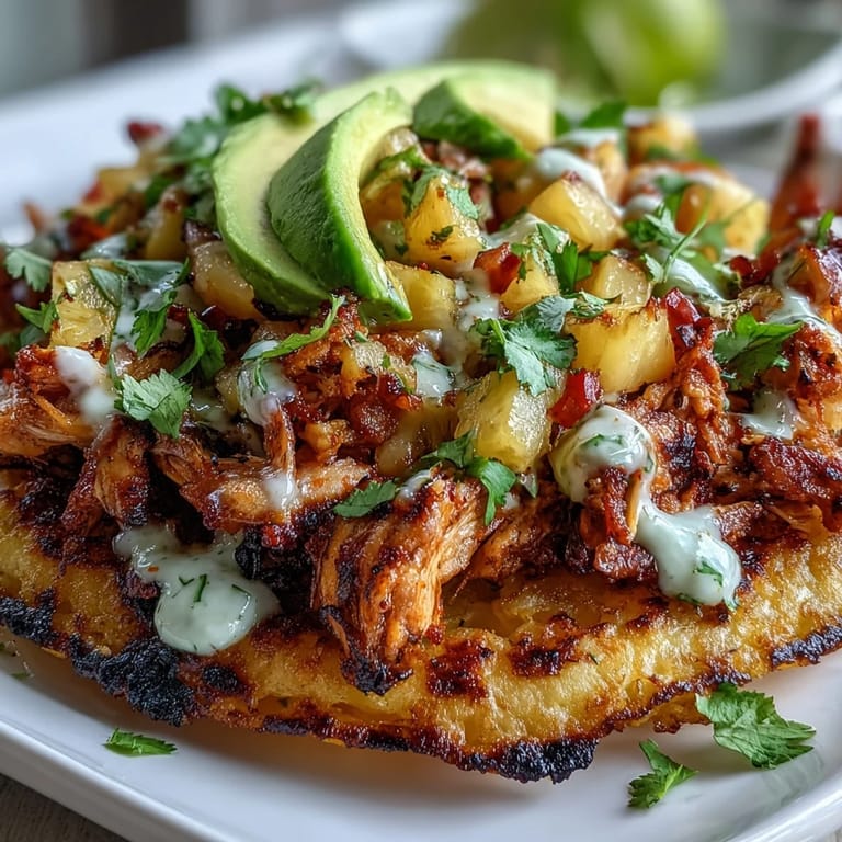 Crunchy tostadas layered with seasoned chicken, fresh pineapple salsa, and a tangy lime crema finish.