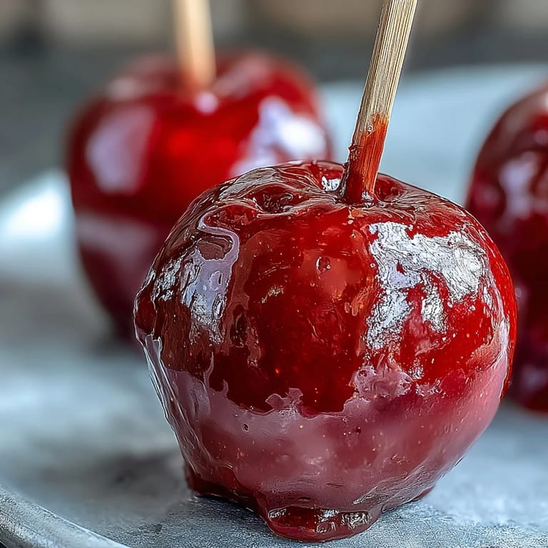 Sweet and tart candy apples with a hard, crackling red coating and a juicy bite.