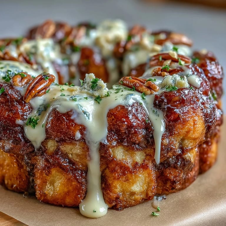 Pull-apart King Cake Monkey Bread with buttery cinnamon layers, crunchy pecans, and smooth cream cheese icing, perfect for celebrations.