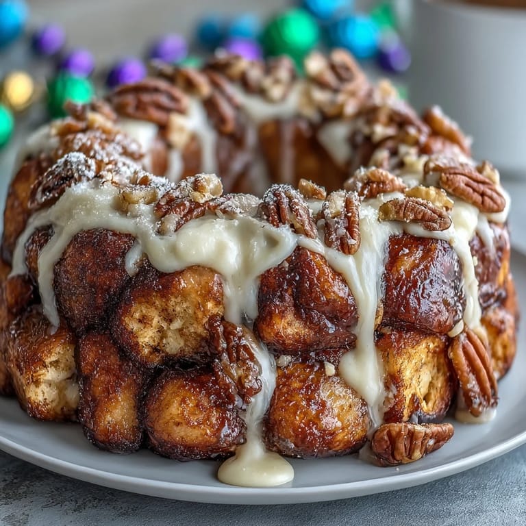 Warm cinnamon-sugar biscuit dough balls baked into a golden Bundt, topped with rich cream cheese icing for a Mardi Gras treat.  