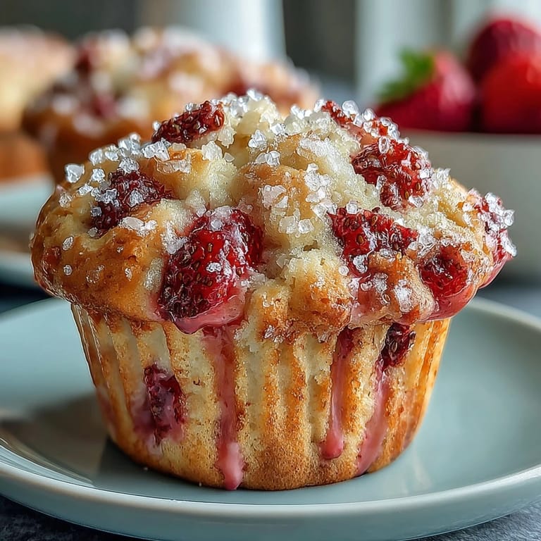 Moist strawberry muffins bursting with fresh fruit, featuring a creamy yogurt base and golden tops, ideal for morning snacking or brunch.