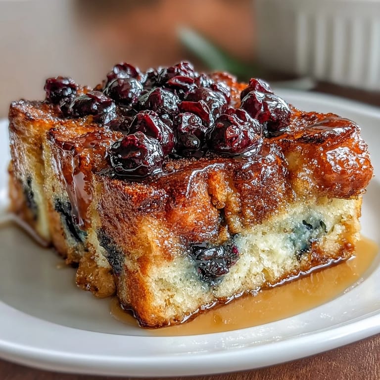 A comforting breakfast casserole of tangy lemon custard, sourdough cubes, and fresh blueberries, baked until golden and irresistibly aromatic.
