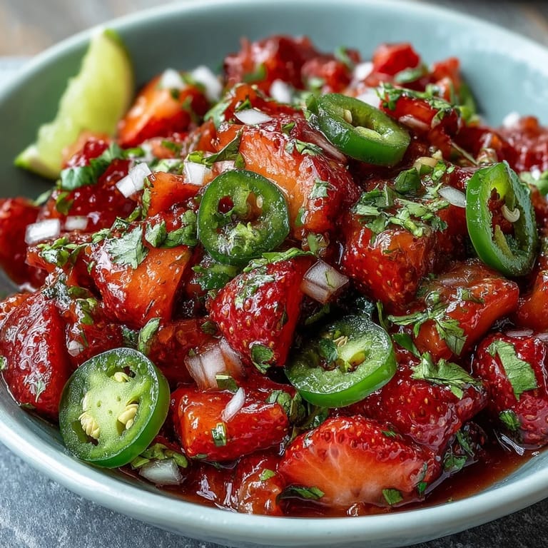 Refreshing strawberry salsa featuring zesty lime and a hint of jalapeño, ideal for summer gatherings or taco night.