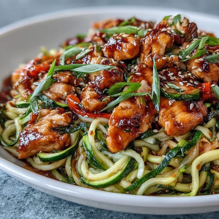 Healthy Easy Zucchini Noodle Stir Fry with Chicken - vibrant Asian-inspired stir fry featuring juicy chicken, fresh zucchini noodles, and crunchy vegetables in a light, gluten-free sauce.  