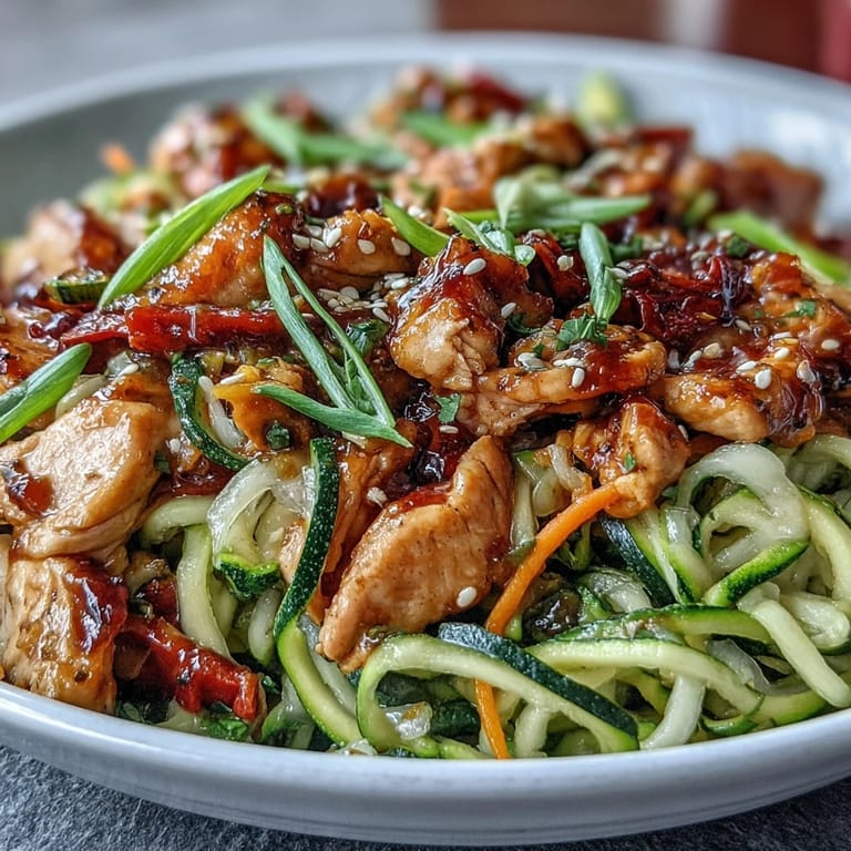 Healthy Easy Zucchini Noodle Stir Fry with Chicken - quick and healthy dinner with spiralized zucchini, lean chicken, and bright vegetables, all coated in a flavorful, low-carb stir fry sauce.