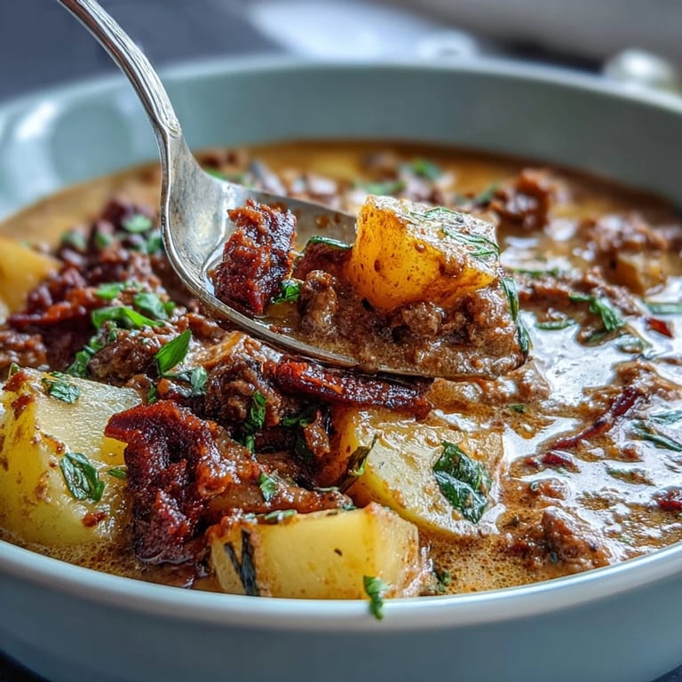 Comforting Shepherds Pie Soup with tender ground beef, diced potatoes, and colorful vegetables, perfect for chilly evenings.