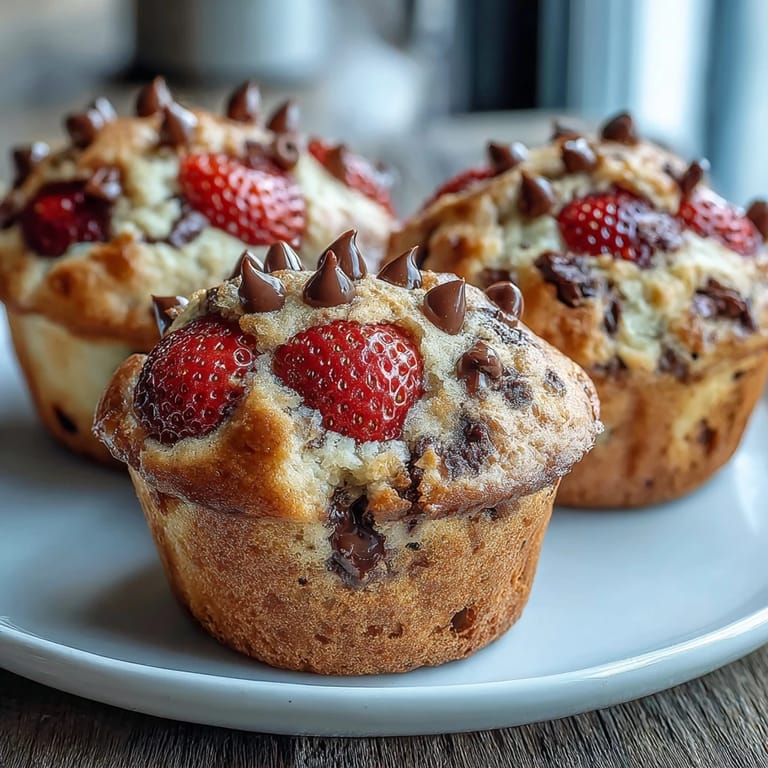 Warm strawberry muffins filled with creamy white chocolate chips, perfect for a cozy breakfast treat.