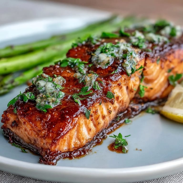 A close-up view of Garlic Butter Salmon with Asparagus, where golden salmon fillets rest on a bed of vibrant asparagus spears, drizzled with fragrant garlic butter.