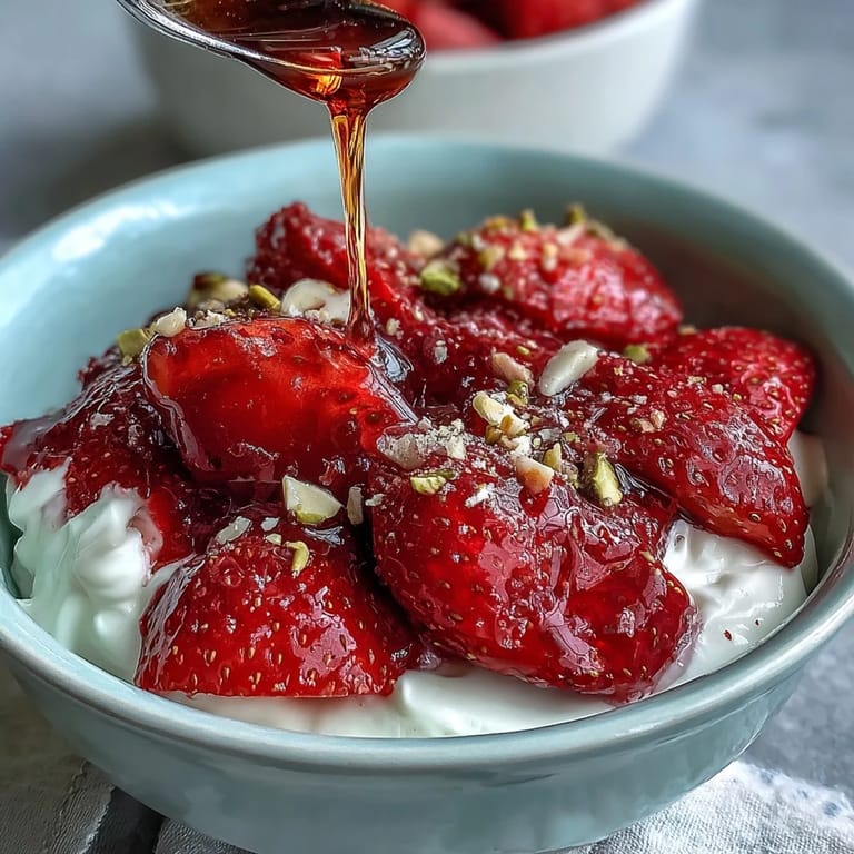 Vibrant bowl of Greek yogurt topped with warm strawberry compote, chopped nuts, and a honey drizzle.  