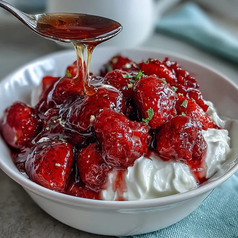 Homemade strawberry compote spooned over thick Greek yogurt, garnished with nuts and fresh mint for a refreshing treat.