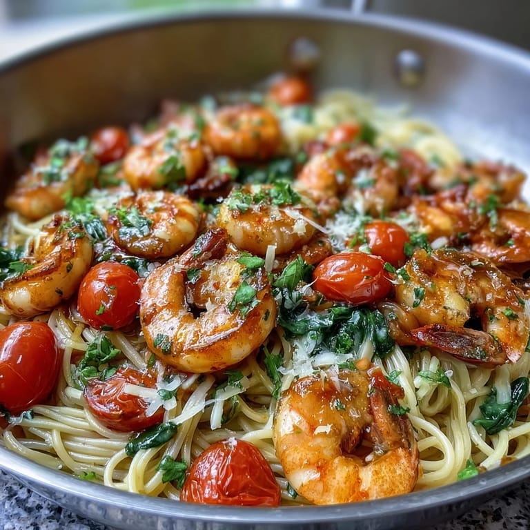 Tender shrimp and angel hair pasta simmered in a vibrant garlic-lemon broth with snap peas and zucchini, served steaming hot.