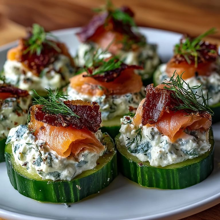 Creamy dill-infused cheese and smoked salmon layered on fresh cucumber slices for a light bite.