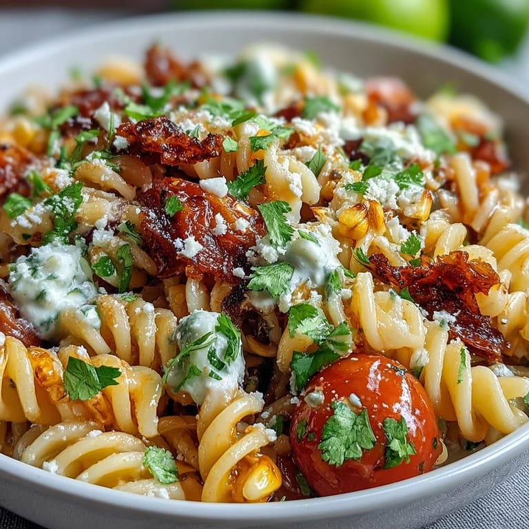 Vibrant elote pasta salad featuring juicy cherry tomatoes, red onion, and fresh cilantro in a smoky chili dressing.  