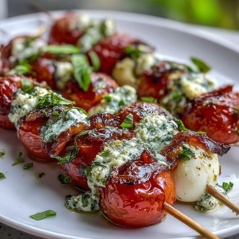 Colorful Caprese skewers drizzled with vibrant green pesto, perfect for summer entertaining or party platters.