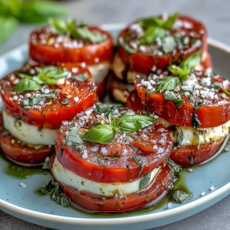 Homemade Caprese Salad with Basil Oil Drizzle arranged with juicy tomatoes, soft mozzarella, and a vibrant green basil oil drizzle.