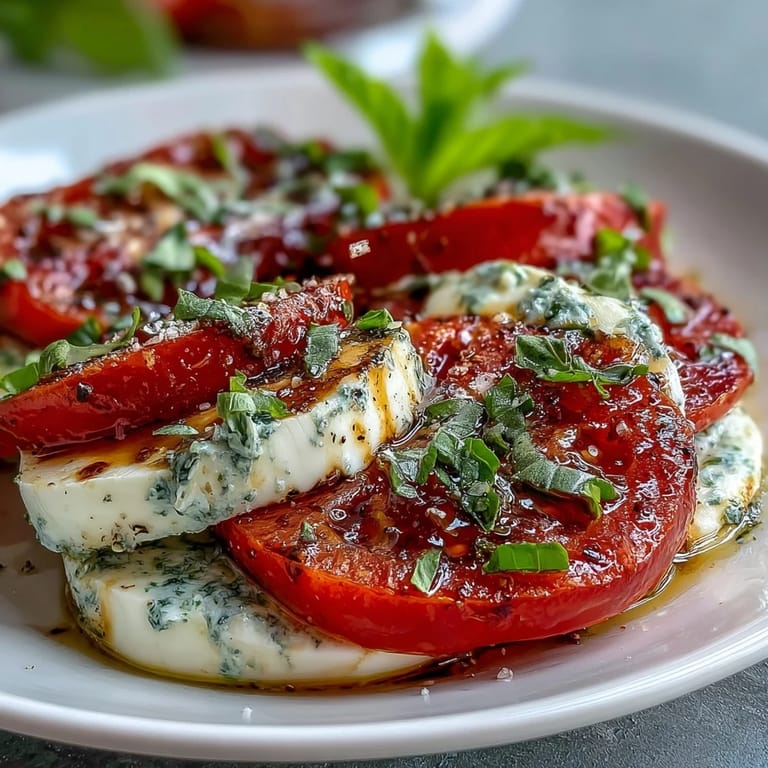 Vibrant Caprese Salad with Basil Oil Drizzle featuring heirloom tomatoes, fresh mozzarella, and fragrant basil oil for an Italian summer classic.
