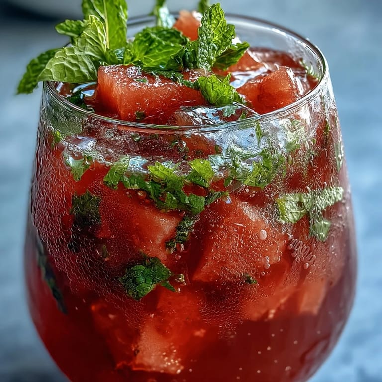 Chilled Watermelon Mint Lemonade served over ice with a garnish of mint and watermelon wedges, bursting with fruity and refreshing flavors.