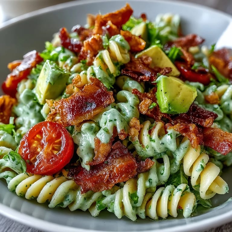 Colorful BLT Pasta with Avocado Ranch salad, with al dente pasta, smoky bacon, and a luscious avocado ranch drizzle for a summer-ready dish.