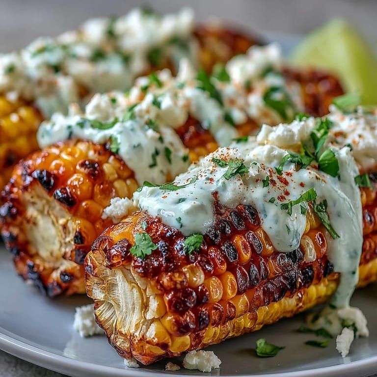 Sweet grilled corn topped with tangy mayo-sour cream sauce, crumbled cheese, and fresh cilantro.  