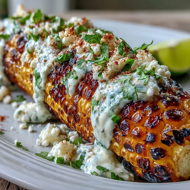 Smoky grilled corn elote style, smothered in rich sauce and sprinkled with chili and lime.