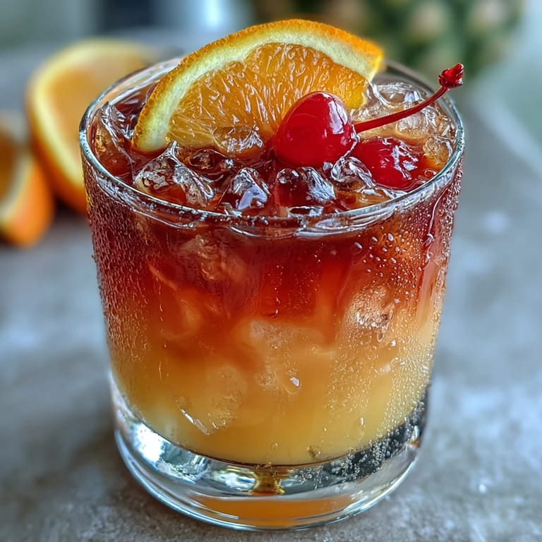 Beautiful sunrise-inspired mocktail featuring grenadine, orange, and pineapple juice, served in a tall glass with ice and festive garnish.