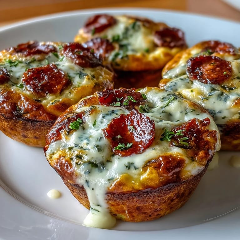 Stuffed High-Protein Pepperoni Breakfast Cups arranged on a rustic wooden cutting board, showcasing a hearty, low-carb breakfast perfect for busy weekday mornings.