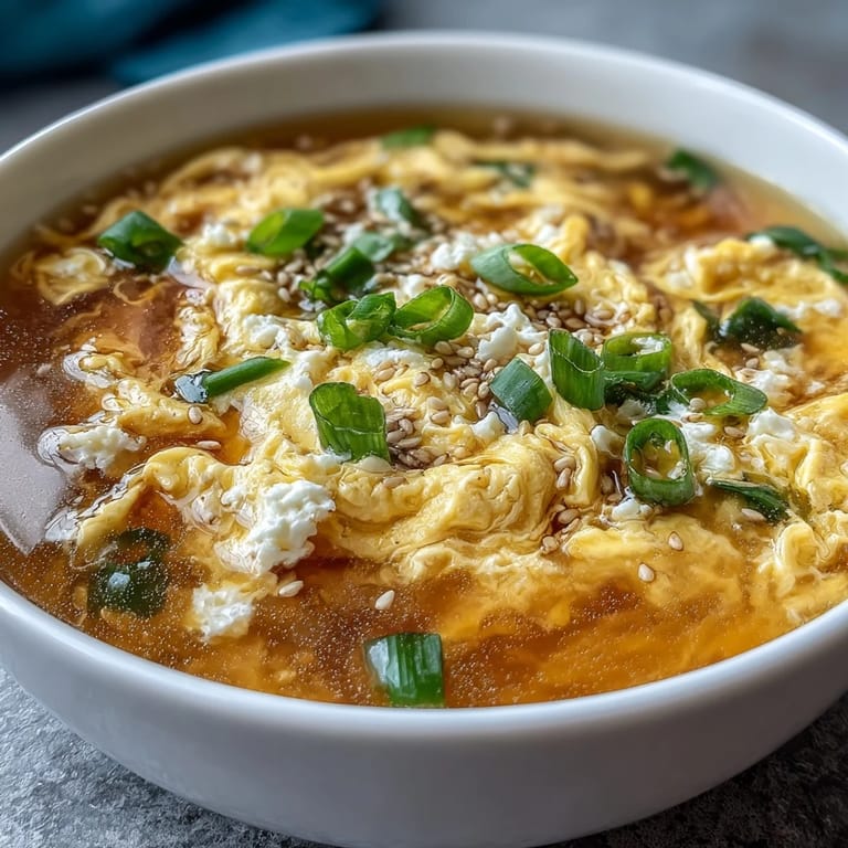 Delicate Chinese-style egg drop soup featuring aromatic broth and wispy egg swirls in a warm bowl.  
