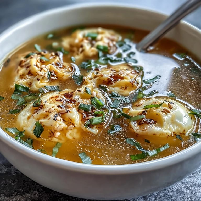 Comforting homemade egg drop soup with tender egg strands and sesame-scented broth, topped with green onions.