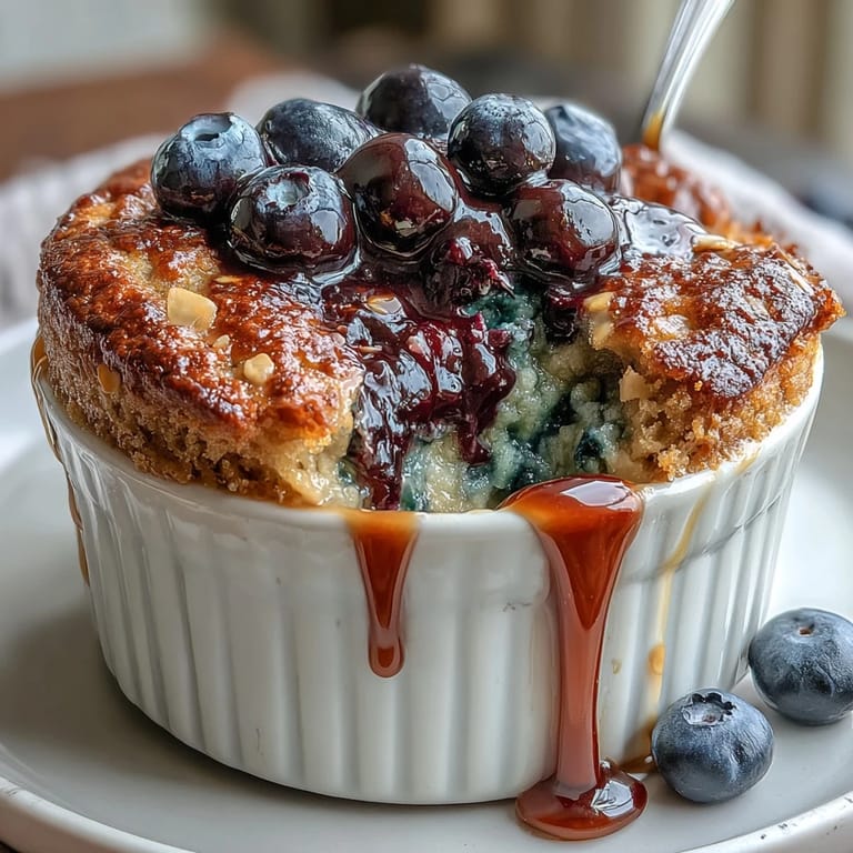 Single-serve blueberry baked oats with ripe banana and a drizzle of maple syrup.
