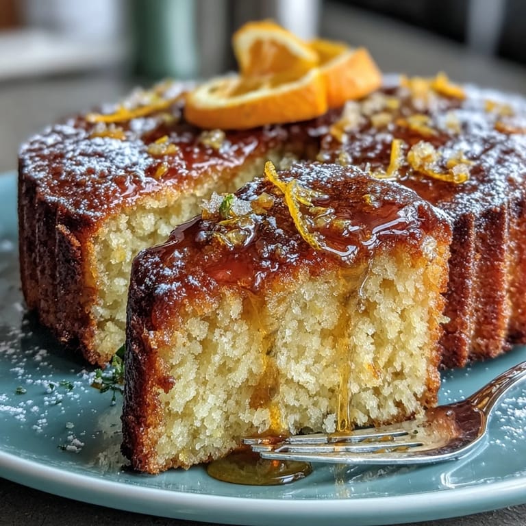 Bright and zesty whole orange cake baked to golden perfection, showcasing bold flavor from blended peel and sweet glaze.