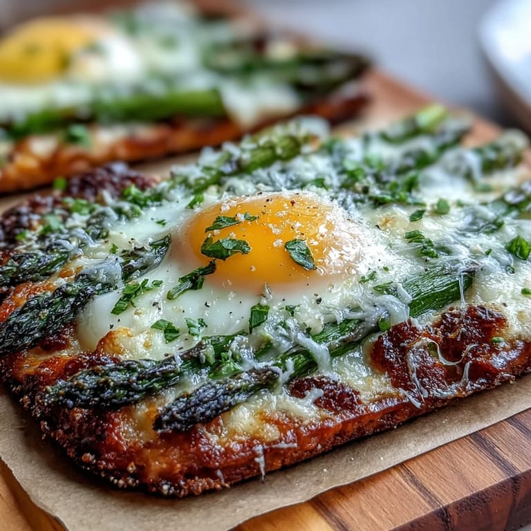 Golden-baked flatbread with tender asparagus spears and a runny egg, garnished with herbs and lemon zest.