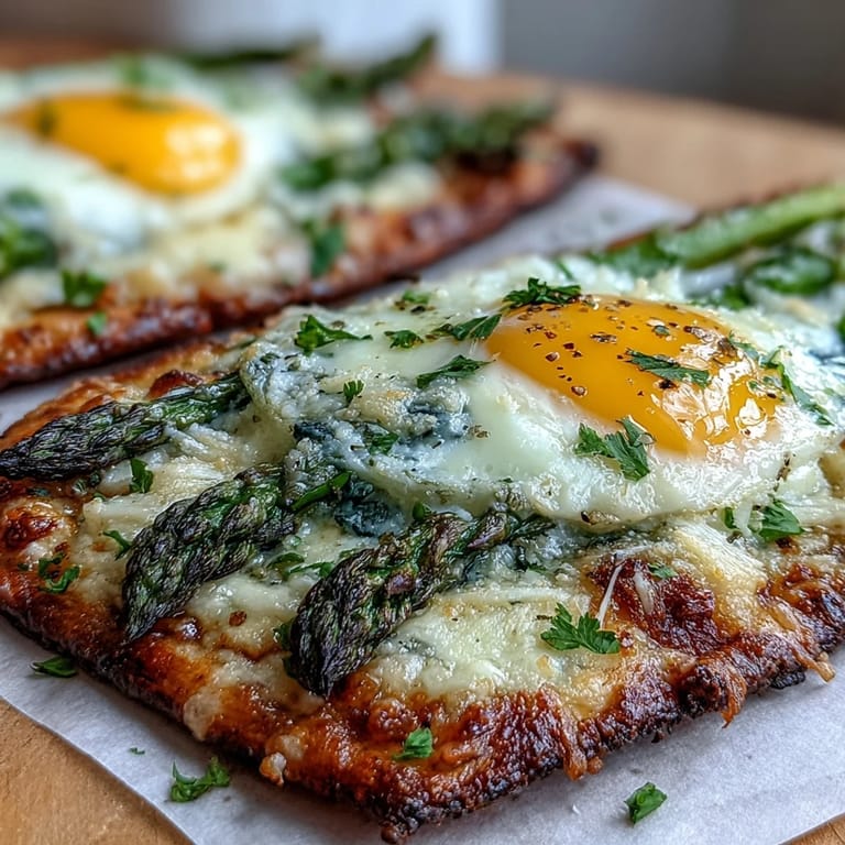 Crispy naan-style flatbread loaded with asparagus, parmesan, and a baked egg, ideal for a light vegetarian meal.